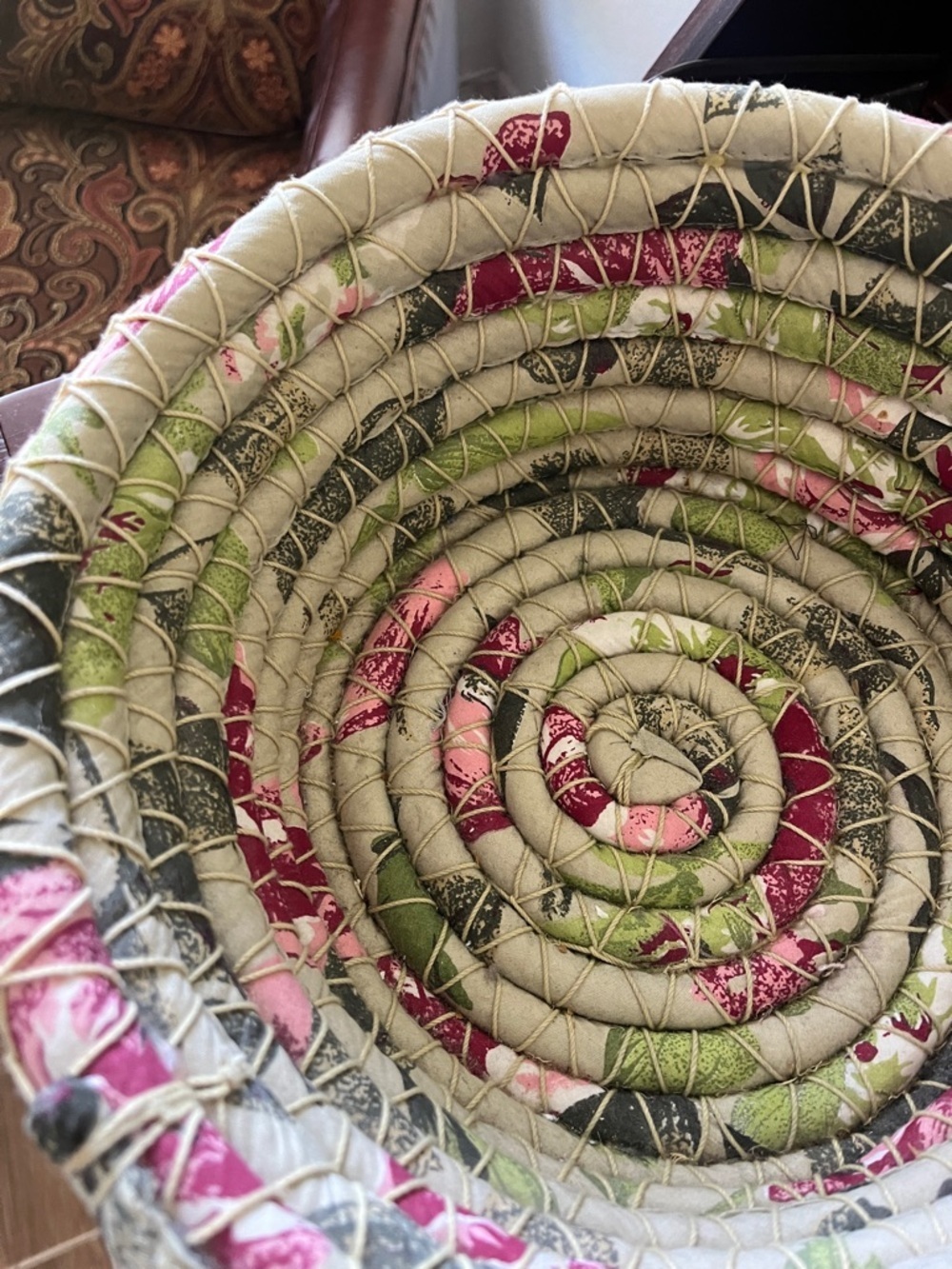 Handcrafted Fabric Coil Bowl in Pink and Green - Picture 7 of 9